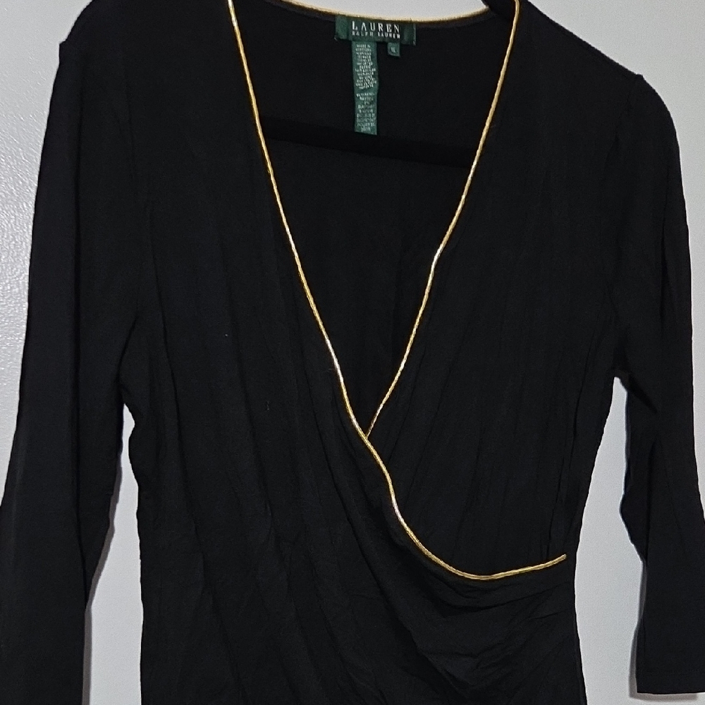 Lauren Ralph Lauren Black Wrap Blouse with Gold Trim